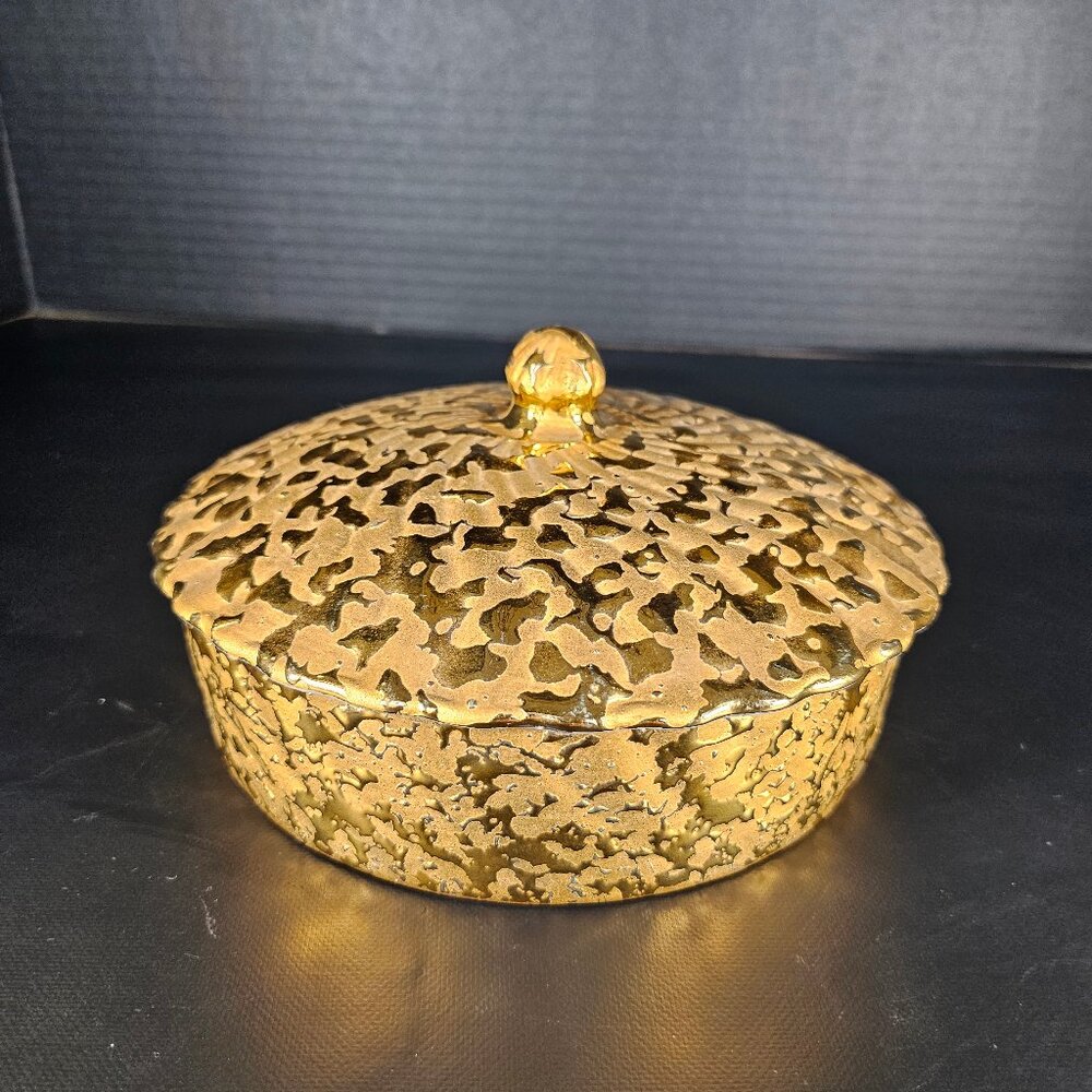 1950s Hand Decorated 22KT Gold Candy Dish With Lid. Weeping Bright Gold. MCM